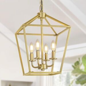 Modern Gold 4 light Lantern Chandelier Adjustable Height Rustic Hanging Light
